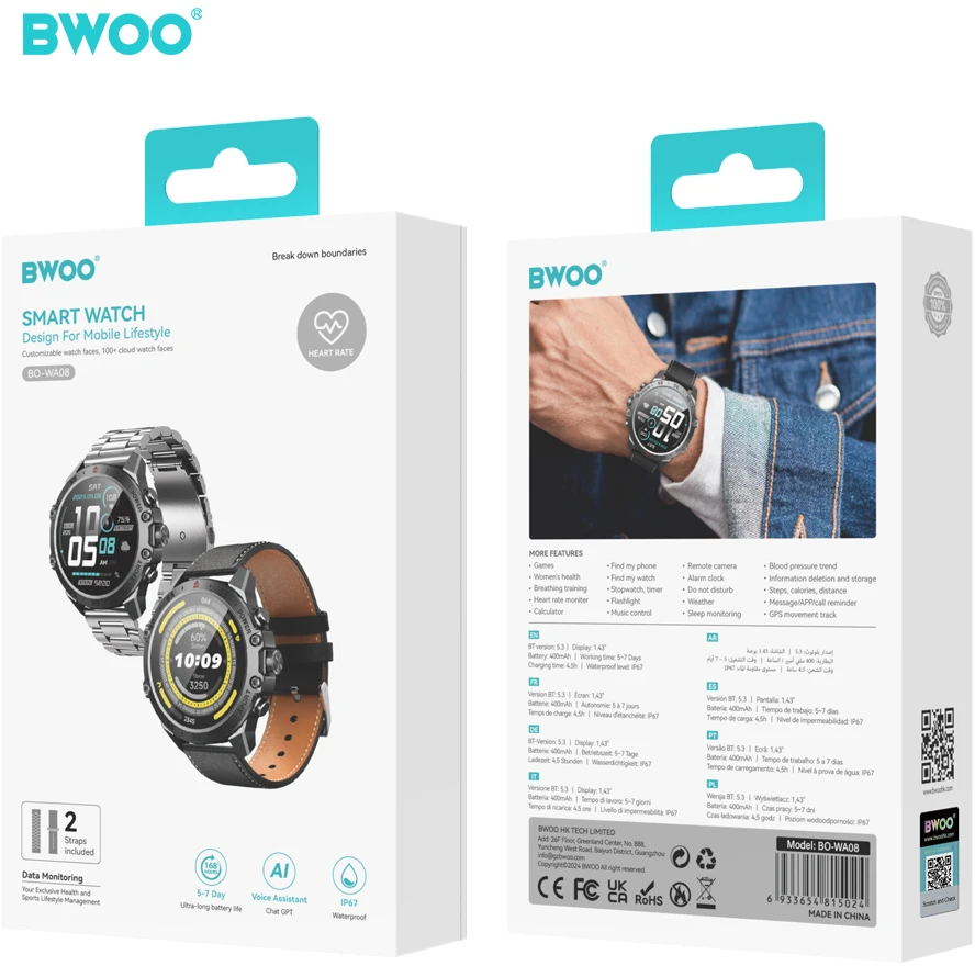 BWOO išmanusis laikrodis WA-08 1.43” AMOLED juodas