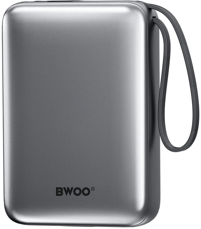 BWOO išorinė baterija P73 22.5W 20000 mAh su 2 integruotais laidais 1 x USB-C 1 x Lightning juoda