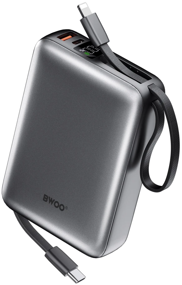 BWOO išorinė baterija P73 22.5W 20000 mAh su 2 integruotais laidais 1 x USB-C 1 x Lightning juoda
