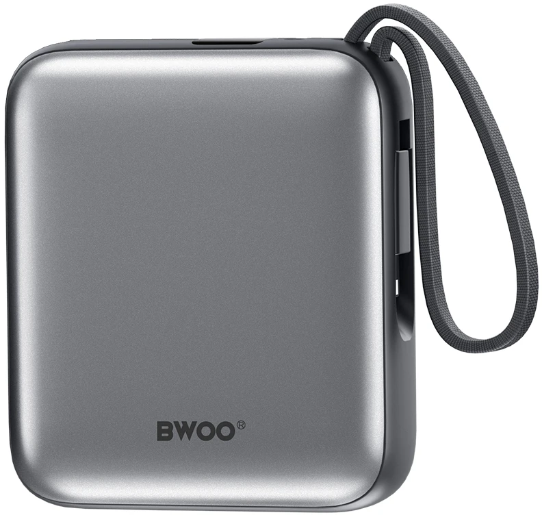 BWOO išorinė baterija P74 22.5W 10000 mAh su 2 integruotais laidais 1 x USB-C 1 x Lightning juoda