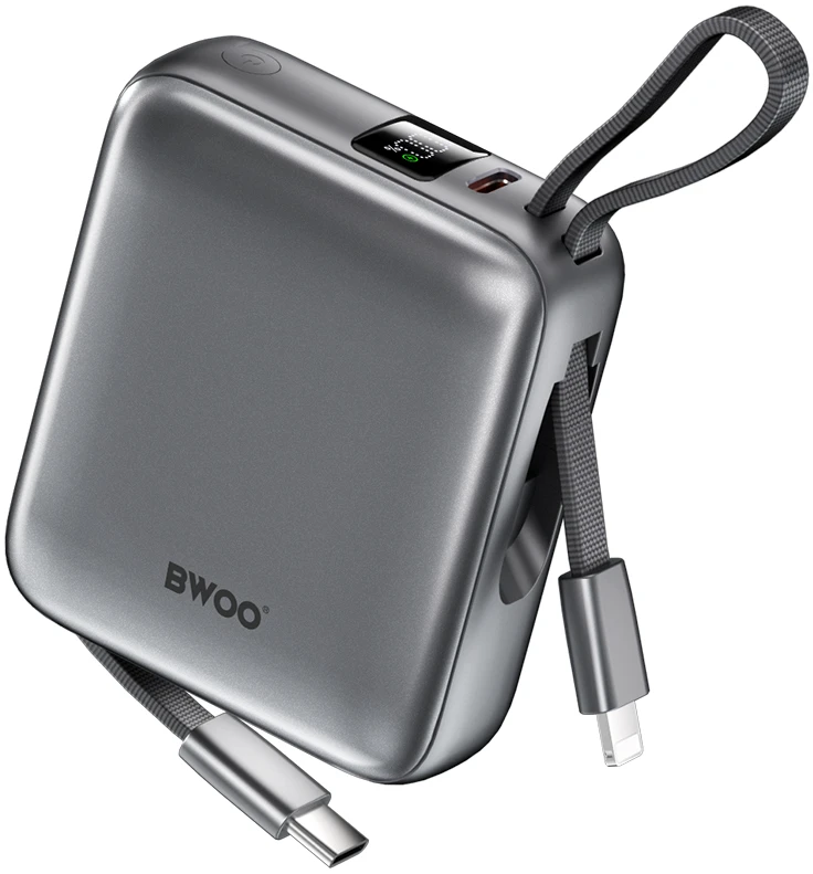 BWOO išorinė baterija P74 22.5W 10000 mAh su 2 integruotais laidais 1 x USB-C 1 x Lightning juoda