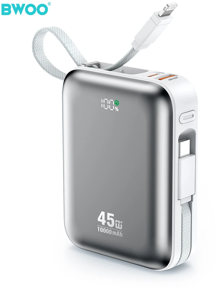 BWOO išorinė baterija P77 45W, 10000 mAh su USB-C ir Lightning laidu, pilka