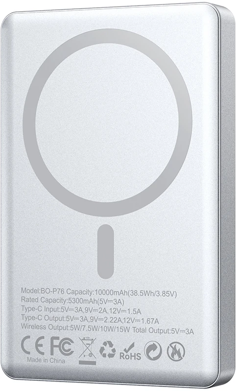 BWOO itin plonas aliumininis magnetinis išorinis akumuliatorius P76 PD 20W 10000 mAh su skaitmeniniu ekranu ir USB-C jungtimi, juodas