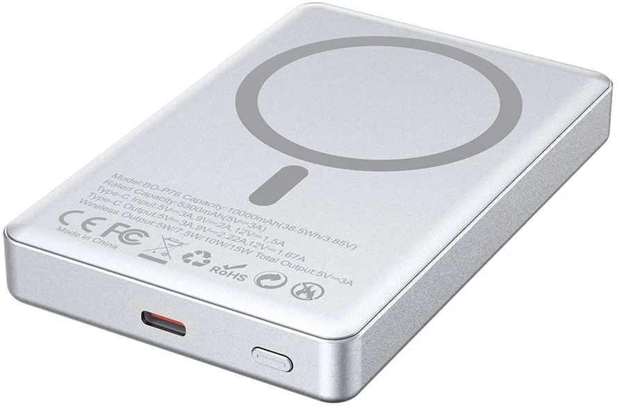 BWOO itin plonas aliumininis magnetinis išorinis akumuliatorius P76 PD 20W 10000 mAh su skaitmeniniu ekranu ir USB-C jungtimi, juodas
