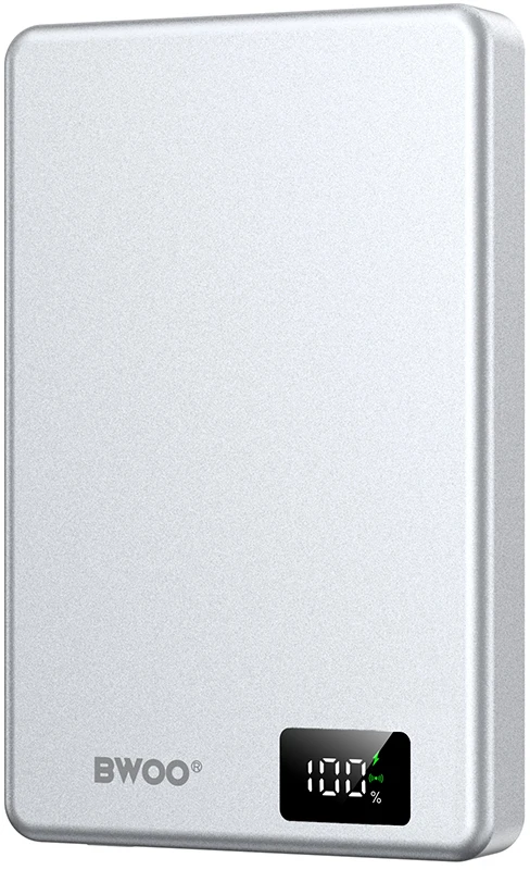 BWOO itin plonas aliumininis magnetinis išorinis akumuliatorius P76 PD 20W 10000 mAh su skaitmeniniu ekranu ir USB-C jungtimi, juodas
