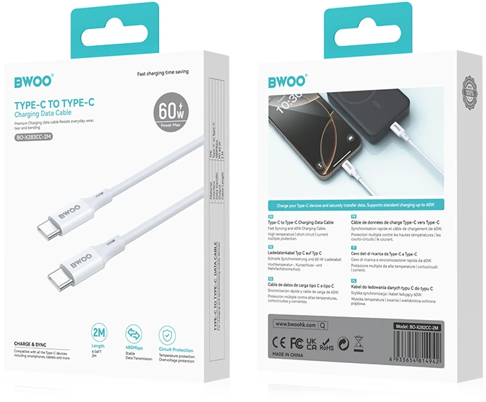 USB kabelis Bwoo (X282) „USB-C“ į USB-C (60W) 2m baltas