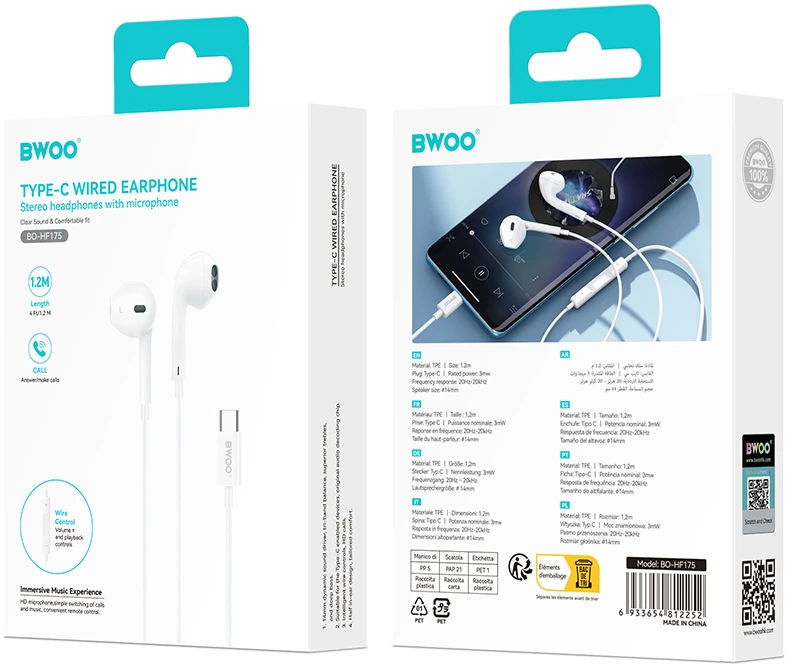 BWOO laidinės ausinės HF175 USB-C skaitmeninė jungtis baltos