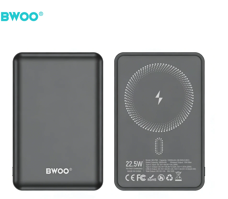 BWOO P82 BO 10000mAh 15W išorinė baterija su belaidžiu įkrovimu, tamsiai pilka