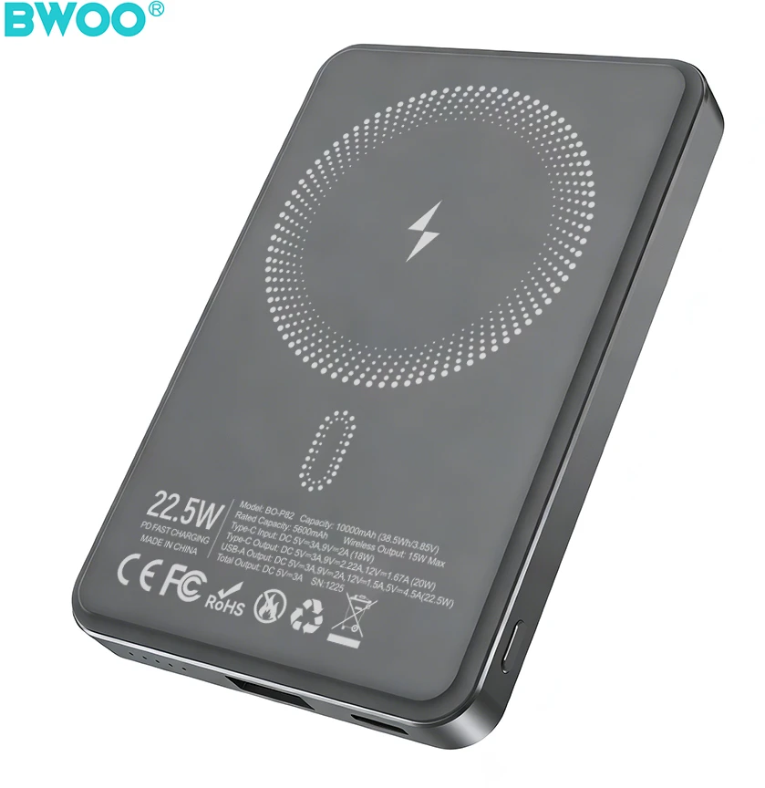 BWOO P82 BO 10000mAh 15W išorinė baterija su belaidžiu įkrovimu, tamsiai pilka