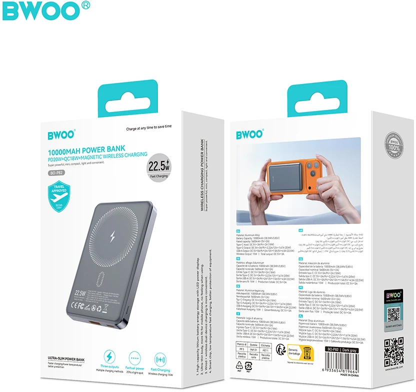 BWOO P82 BO 10000mAh 15W išorinė baterija su belaidžiu įkrovimu, tamsiai pilka