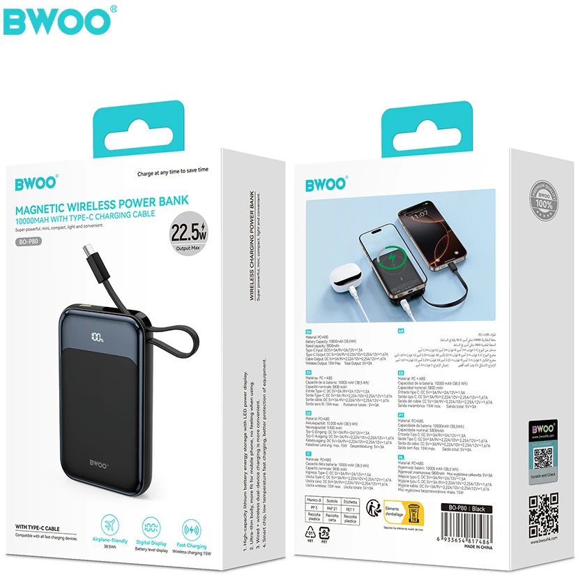 BWOO PD 20W 10000 mAh išorinė baterija su USB-C laidu ir ekranu P80 juoda