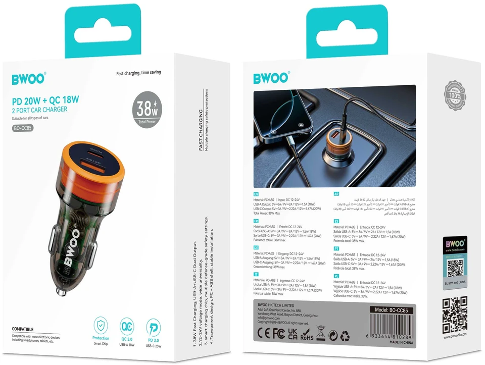 BWOO 38W greitas skaidrus automobilinis įkroviklis BO-CC85 QC 18W + PD 20W
