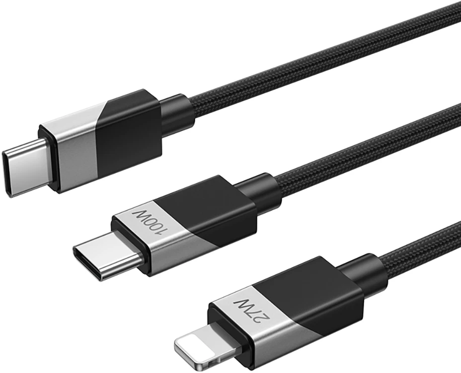 BWOO Pintas "2-in-1" kabelis USB-C - USB-C ir "Lightning" 1 m 100W27W juodas