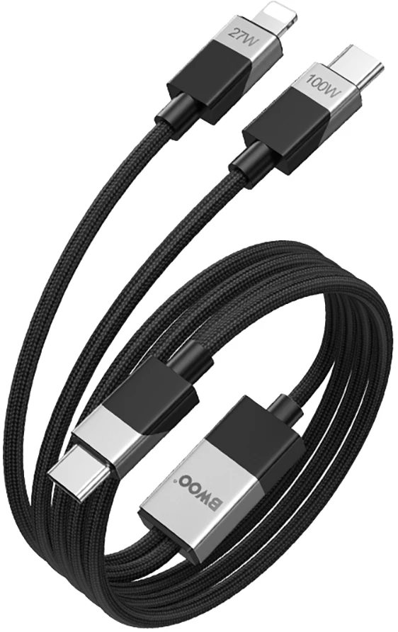 BWOO Pintas "2-in-1" kabelis USB-C - USB-C ir "Lightning" 1 m 100W27W juodas