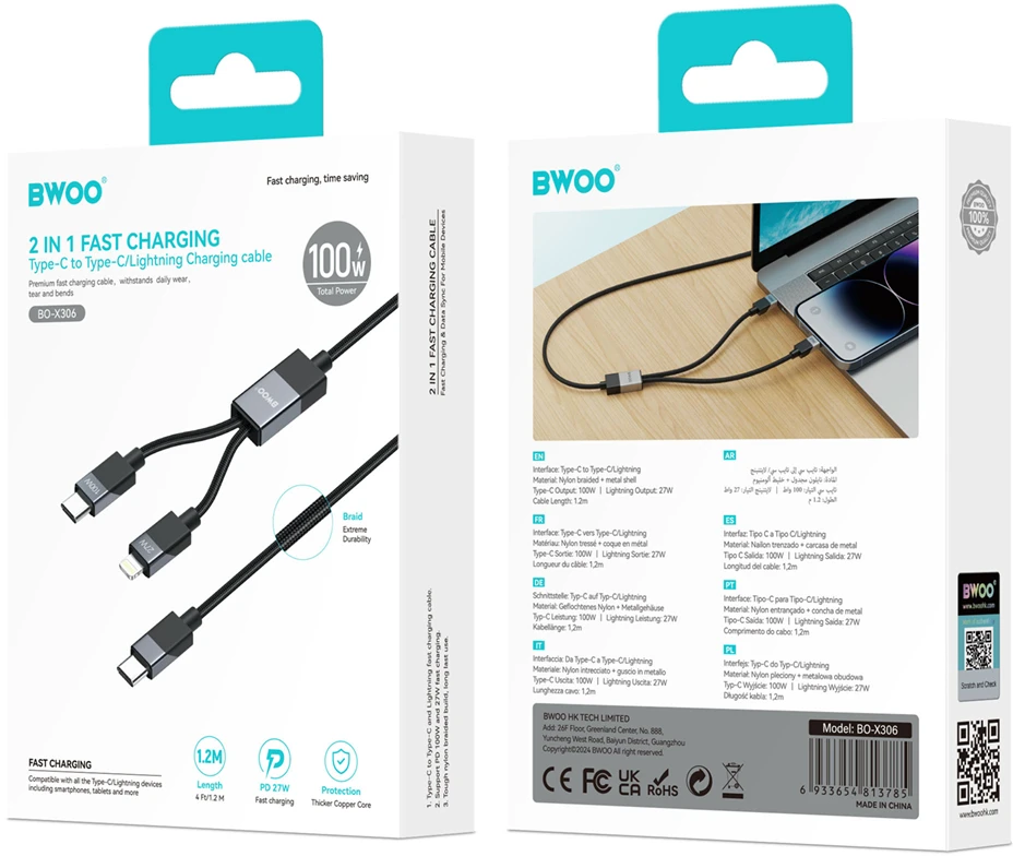 BWOO Pintas "2-in-1" kabelis USB-C - USB-C ir "Lightning" 1 m 100W27W juodas
