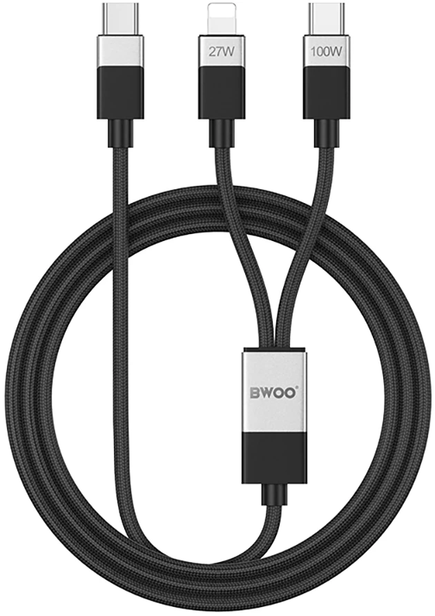 BWOO Pintas "2-in-1" kabelis USB-C - USB-C ir "Lightning" 1 m 100W27W juodas