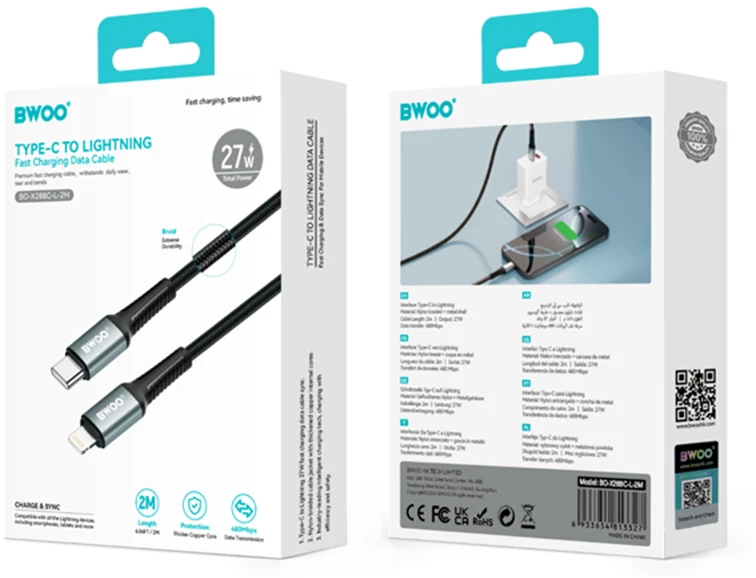 BWOO Pintas laidas USB-C – Lightning 2m 30W juodas
