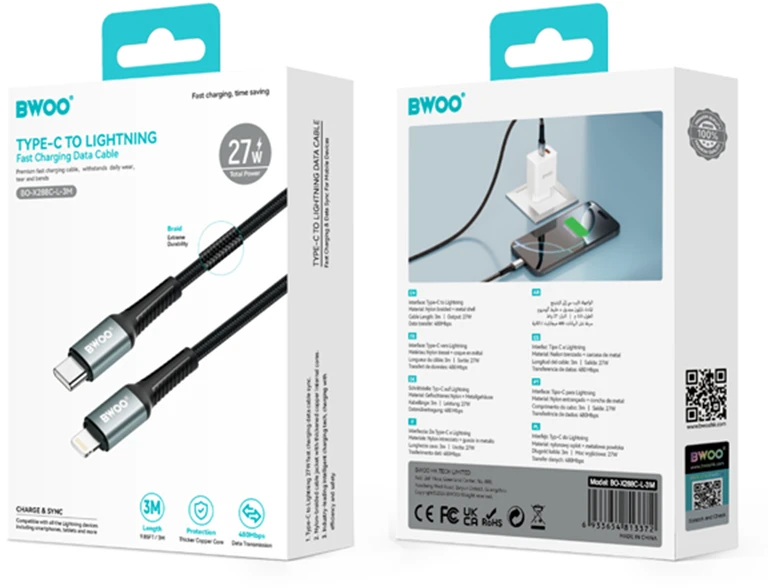 BWOO Pintas laidas USB-C – Lightning 3m 30W juodas