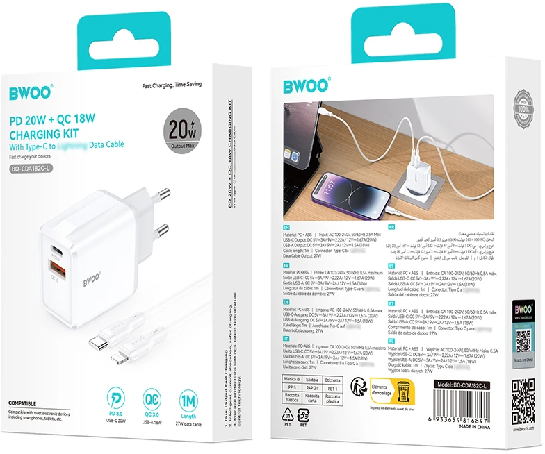 BWOO sieninis įkroviklis CDA182 QC 38W 1x USB-A + 1x USB-C su USB-C į Lightning laidu 1 m juodas