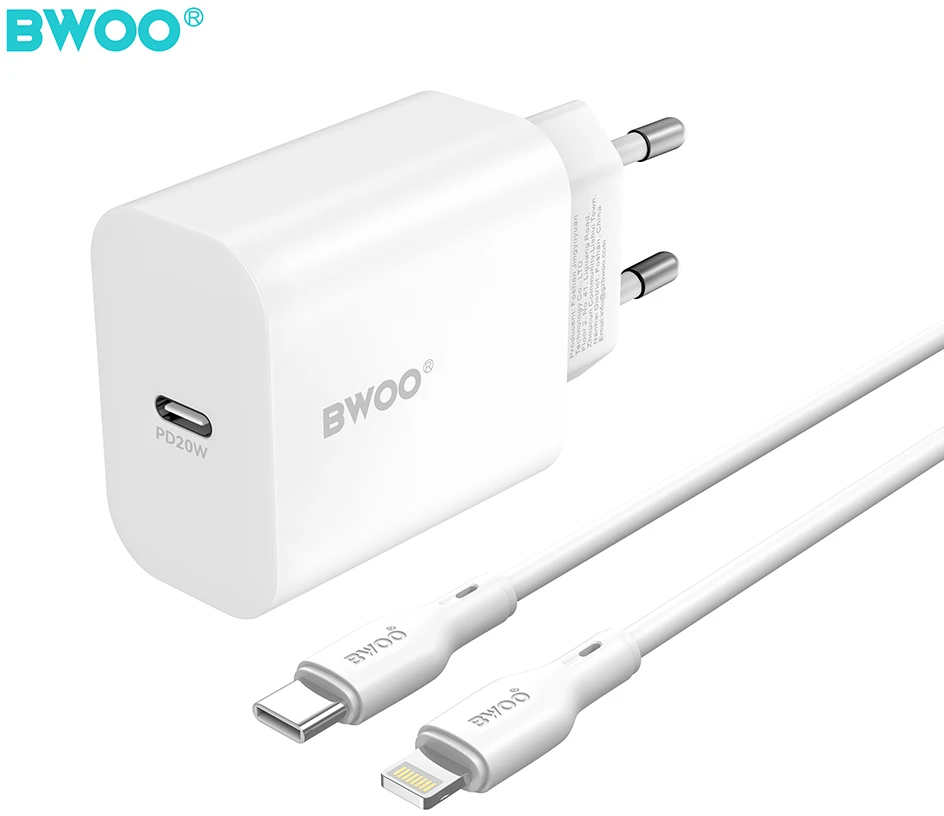BWOO sieninis įkroviklis CDA233 PD 20W 1x USB-C su USB-C – Lightning laidu baltas