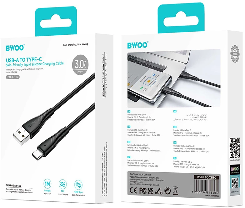 BWOO USB – USB-C laidas 1m 27W 3A juodas BO-X318C