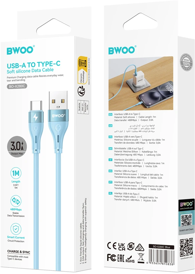 BWOO Minimalistinis silikoninis 3A kabelis X280C iš USB-A į USB-C mėlynos spalvos
