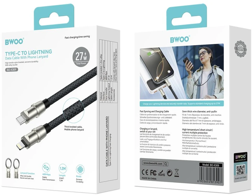 BWOO USB-C į Lightning laidas su dirželiu 1.2m 27W