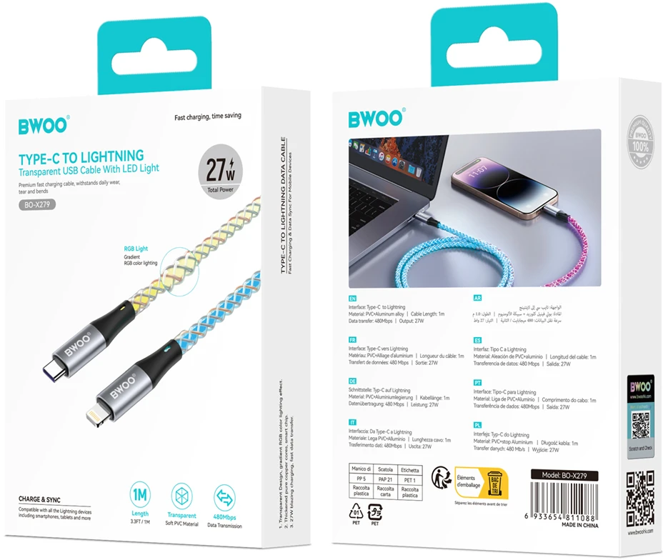BWOO 27W kabelis X279C-L USB-C į žaibo jungtį su RGB spalvotu apšvietimu