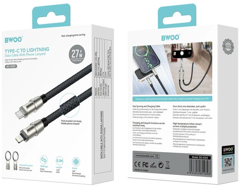 BWOO USB-C – Lightning laidas su dirželiu, 0,3 m, 27 W