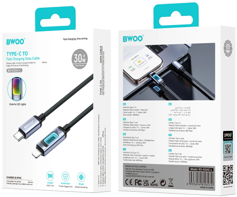 BWOO X324CL pintas greitojo įkrovimo laidas su šviesos indikatoriumi PD 27W USB-C – Lightning