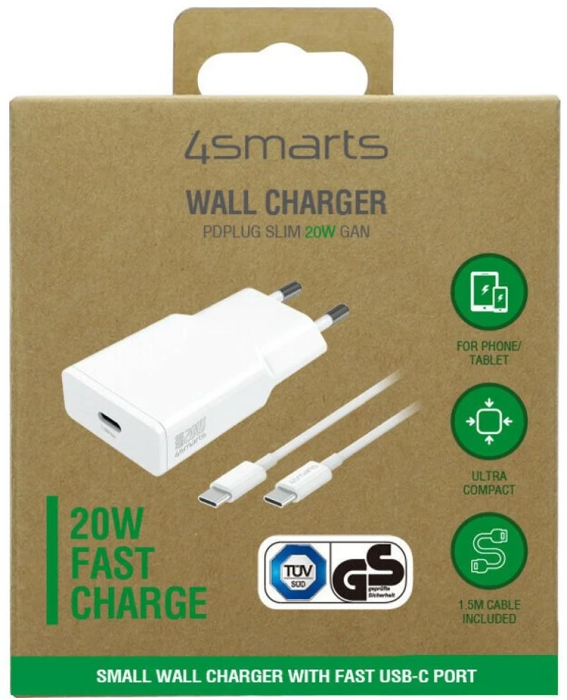 Kabelių rinkinys 4smarts PDPlug Slim 20W GaN USB-C sieninis įkroviklis + 1,5 m USB-C kabelis baltos spalvos
