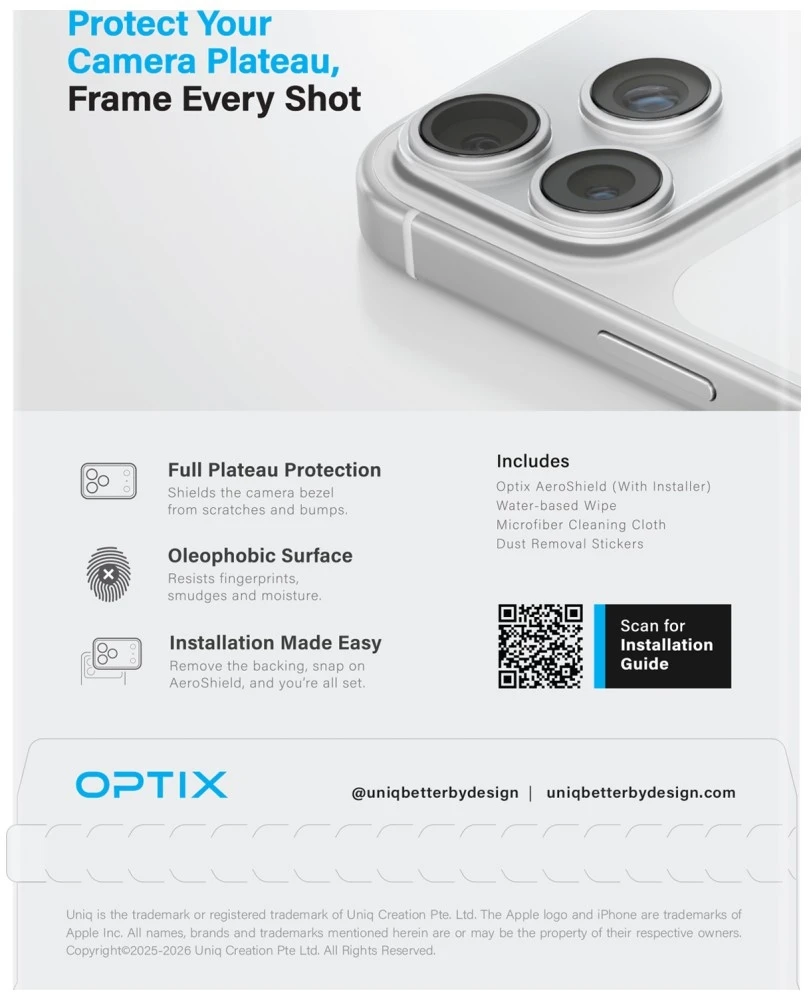 Kameros objektyvo apsauga UNIQ Optix Aeroshield, skirta iPhone 18 Pro Max, skaidri