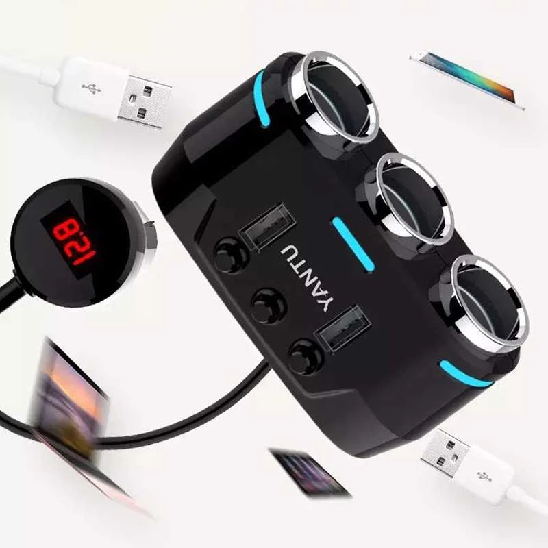 Toptel Automobilinis cigarečių žiebtuvėlio lizdo skirstytuvas B39 C tipo – 3 lizdai + 2xUSB – 2,1A 100W su ekranu ir laidu