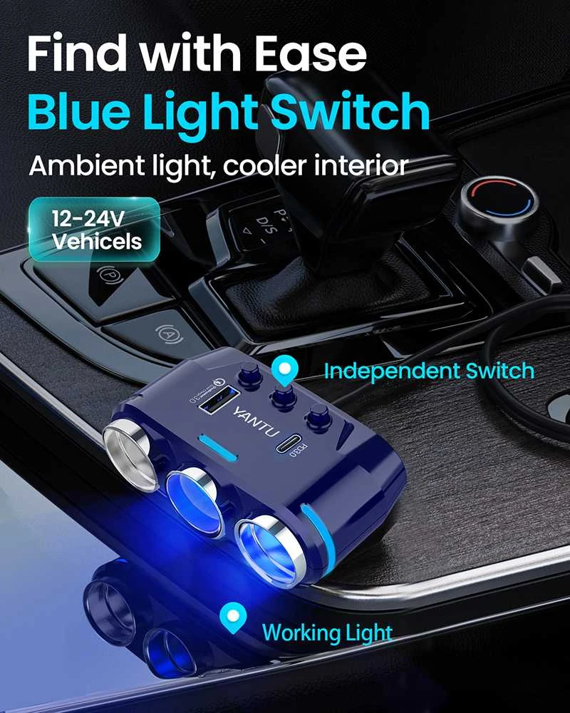Fusion Accessories Automobilio cigarečių žiebtuvėlio lizdo skirstytuvas B39-C – 3 lizdai + USB + C tipo – QC 3.0 PD 3A 120W su ekranu ir laidu