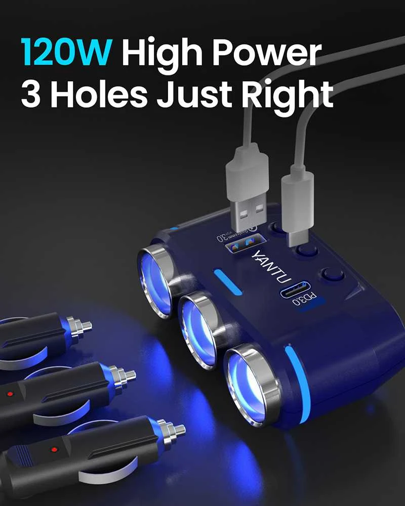 Fusion Accessories Automobilio cigarečių žiebtuvėlio lizdo skirstytuvas B39-C – 3 lizdai + USB + C tipo – QC 3.0 PD 3A 120W su ekranu ir laidu