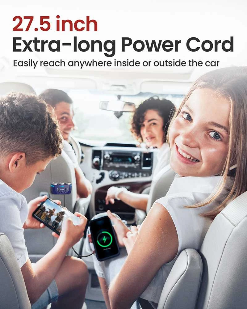 Fusion Accessories Automobilio cigarečių žiebtuvėlio lizdo skirstytuvas B39-C – 3 lizdai + USB + C tipo – QC 3.0 PD 3A 120W su ekranu ir laidu