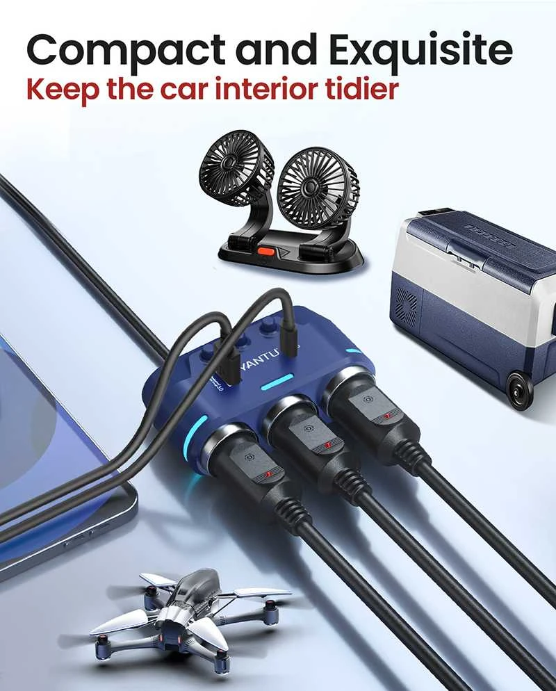Fusion Accessories Automobilio cigarečių žiebtuvėlio lizdo skirstytuvas B39-C – 3 lizdai + USB + C tipo – QC 3.0 PD 3A 120W su ekranu ir laidu
