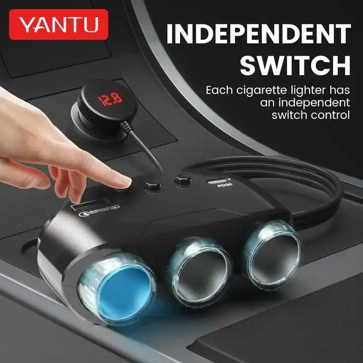 Toptel Automobilio cigarečių žiebtuvėlio lizdo skirstytuvas LM21 – 3 lizdai + USB + C tipo – QC 3.0 PD 3A 122W su ekranu ir laidu