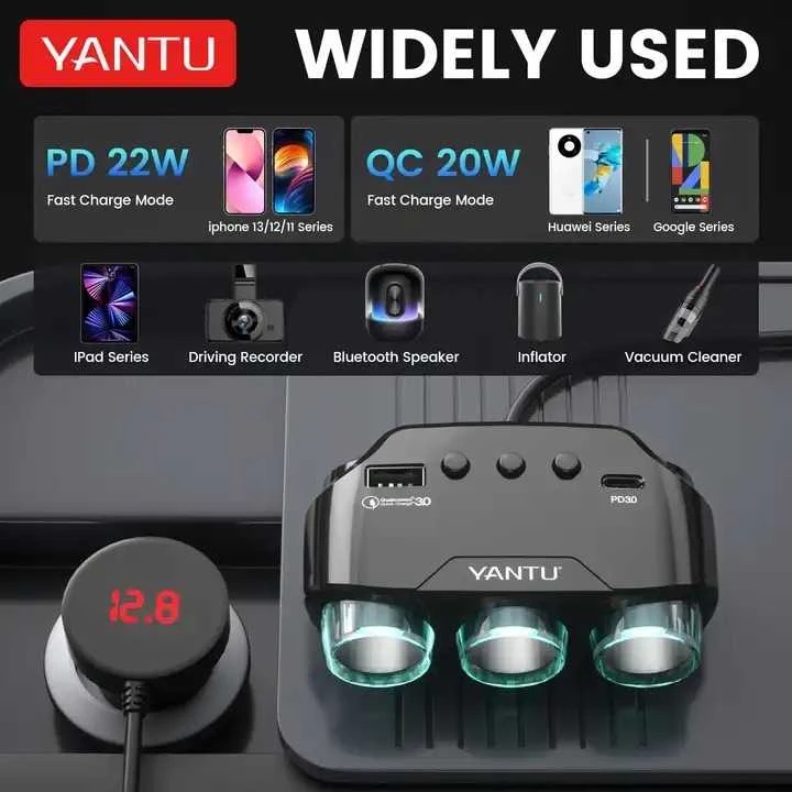 Toptel Automobilio cigarečių žiebtuvėlio lizdo skirstytuvas LM21 – 3 lizdai + USB + C tipo – QC 3.0 PD 3A 122W su ekranu ir laidu