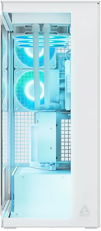 „Arctic Xtender“ (Baltas) skaidrus langas su vertikaliu GPU laikikliu