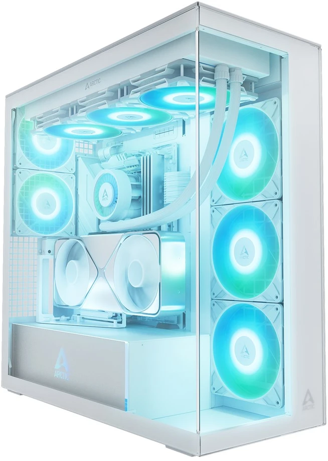 „Arctic Xtender“ (Baltas) skaidrus langas su vertikaliu GPU laikikliu