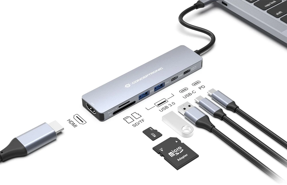 Šakotuvas Carruzzo Conceptronic DONN28G knyginių kompiuterių dokas / jungčių replikatorius Vielinis USB 3.2 Gen 1 (3.1 Gen 1) Type-C Pilka