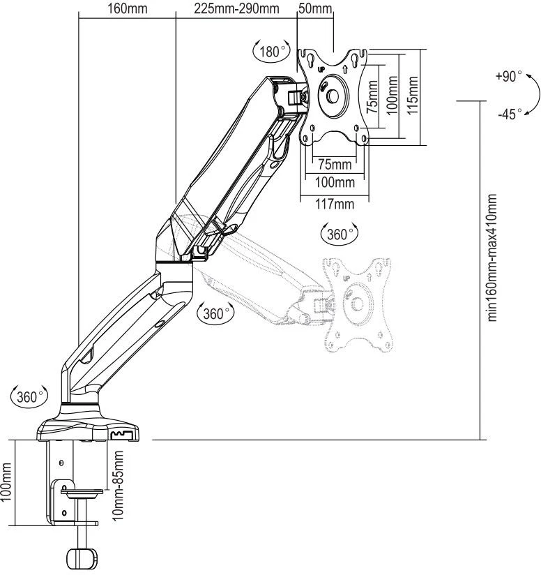 Carruzzo Laikiklis DELTACO 13-27", laiko iki 6.5kg, montuojamas prie stalo, juodas / ARM-534