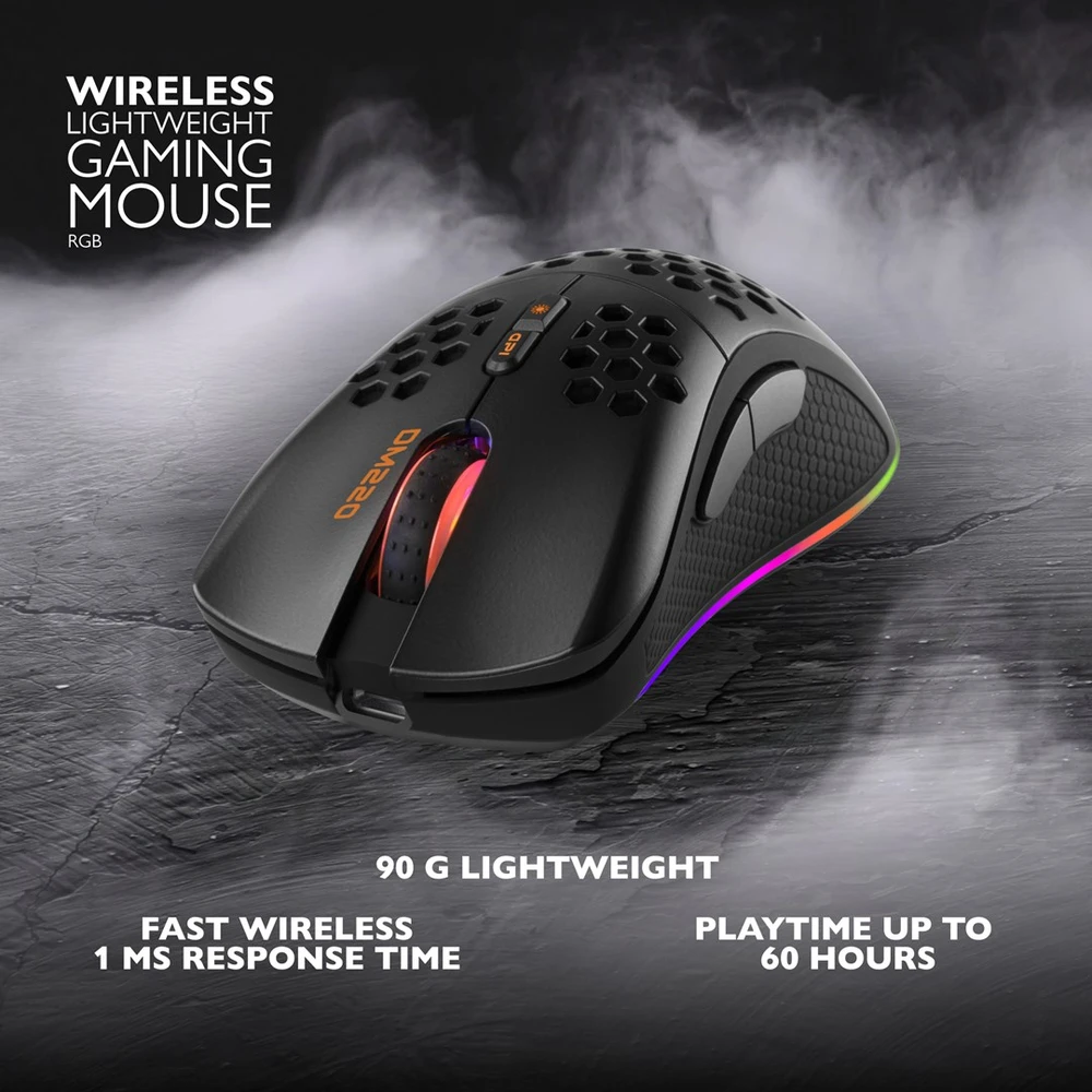 Belaidė itin lengva žaidimų pelė DELTACO GAMING DM220, 70g svorio, RGB, SPCP6651, 400-6400 DPI, 1000 Hz, juoda / GAM-120