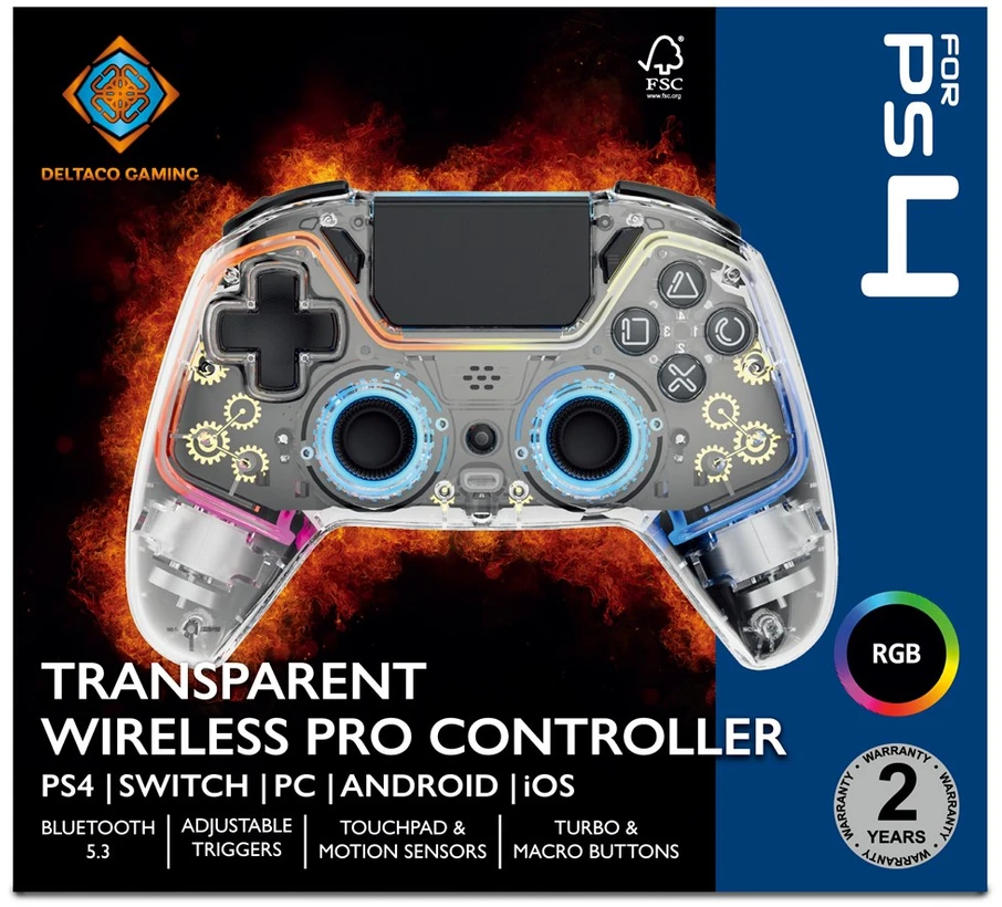 Carruzzo Deltaco Gaming GAM-169-T žaidimų valdiklis Permatomas Bluetooth/USB Žaidimų pultelis Android, Nintendo Switch, PC, PlayStation 4, iOS