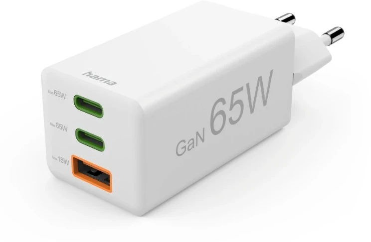 Hama mini GaN 65W PD/QC 2x USB-C, 1x USB-A balta