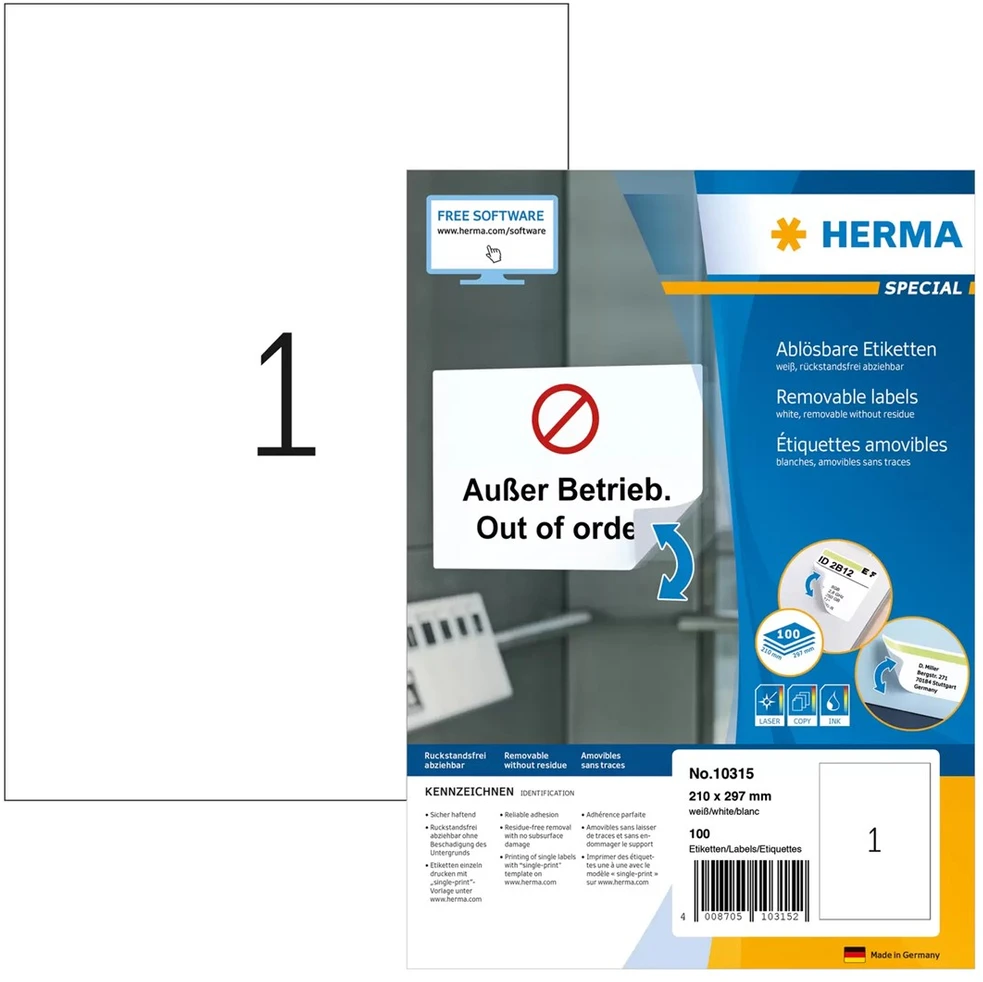 HERMA 10315 lipni etiketė Balta Suapvalintas stačiakampis Keičiama 100 vnt
