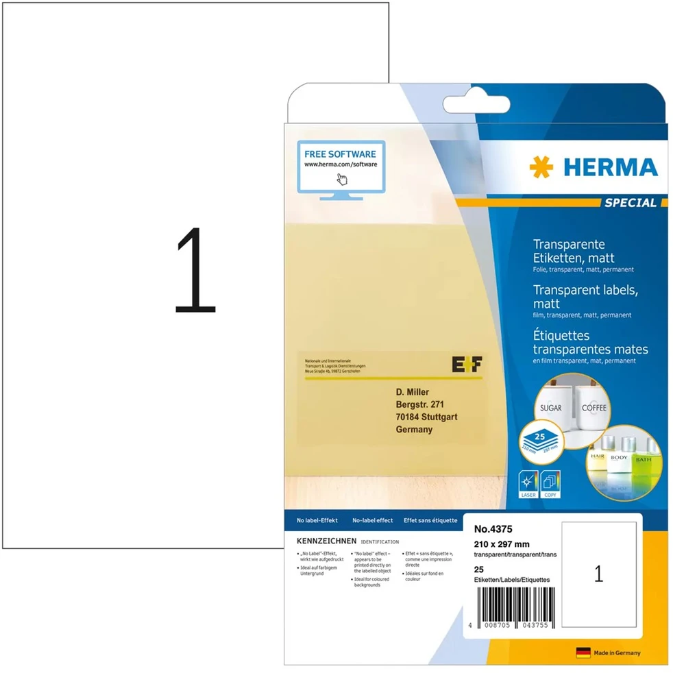 HERMA 4375 etiketė spausdinimui Permatomas Lipni spausdintuvo etiketė