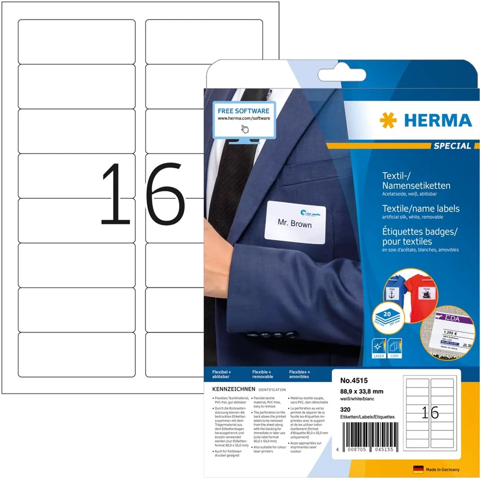 Carruzzo HERMA 4515 lipni etiketė Suapvalintas stačiakampis Balta 320 vnt