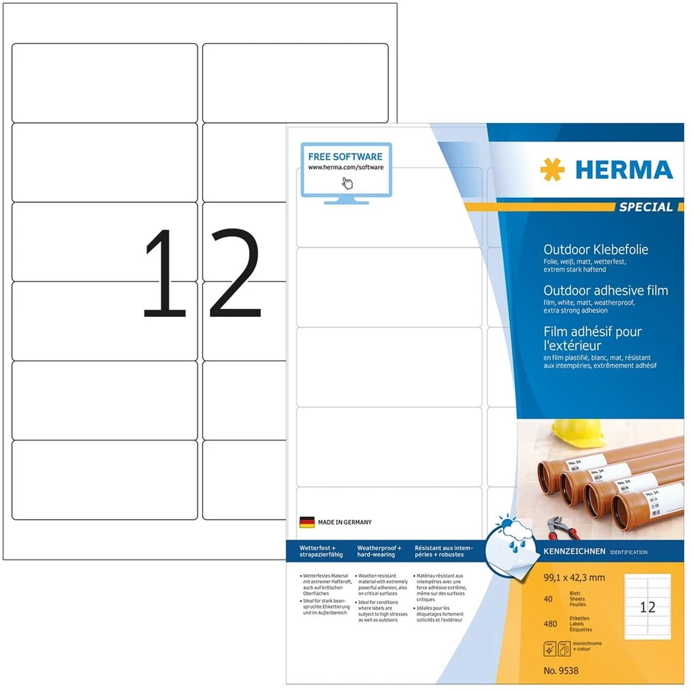 Carruzzo HERMA 9538 lipni etiketė Stačiakampis Balta 480 vnt